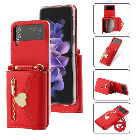 POLA For Samsung Galaxy Z Flip4 5G PU Leather Credit Holder Phone Case Wallet Kickstand Zipper Pocket Cover
