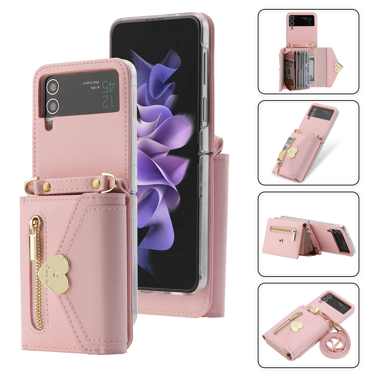 POLA For Samsung Galaxy Z Flip4 5G PU Leather Credit Holder Phone Case Wallet Kickstand Zipper Pocket Cover