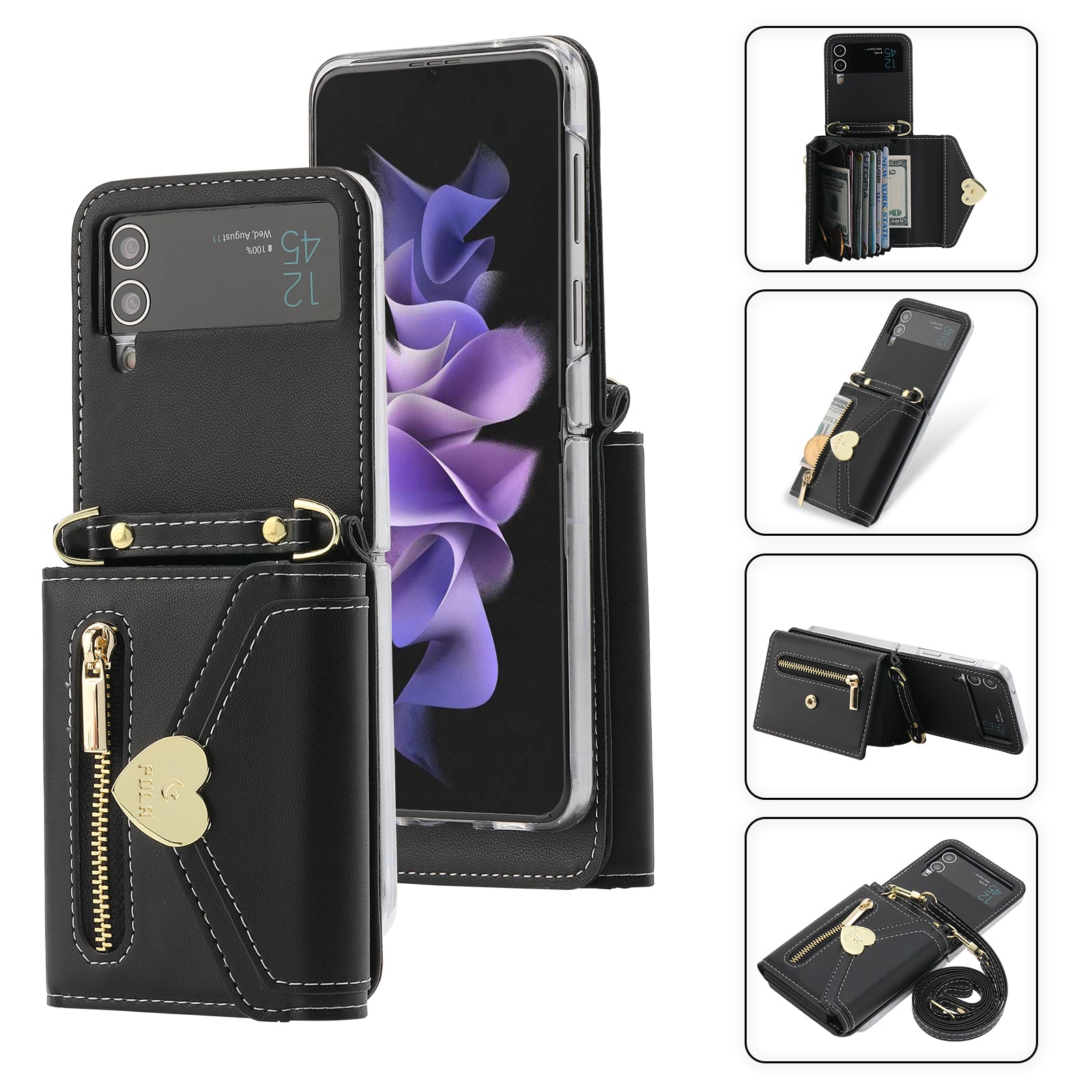 POLA For Samsung Galaxy Z Flip4 5G PU Leather Credit Holder Phone Case Wallet Kickstand Zipper Pocket Cover