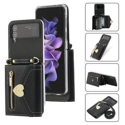 POLA For Samsung Galaxy Z Flip4 5G PU Leather Credit Holder Phone Case Wallet Kickstand Zipper Pocket Cover