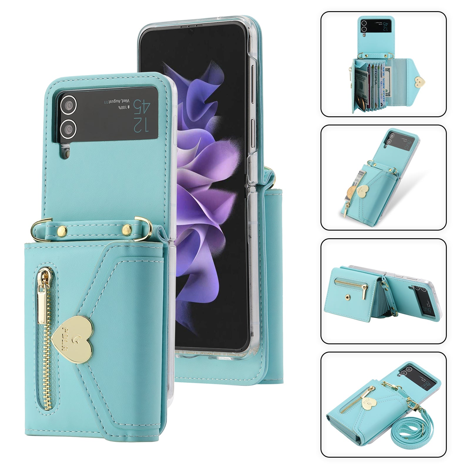 POLA For Samsung Galaxy Z Flip4 5G PU Leather Credit Holder Phone Case Wallet Kickstand Zipper Pocket Cover