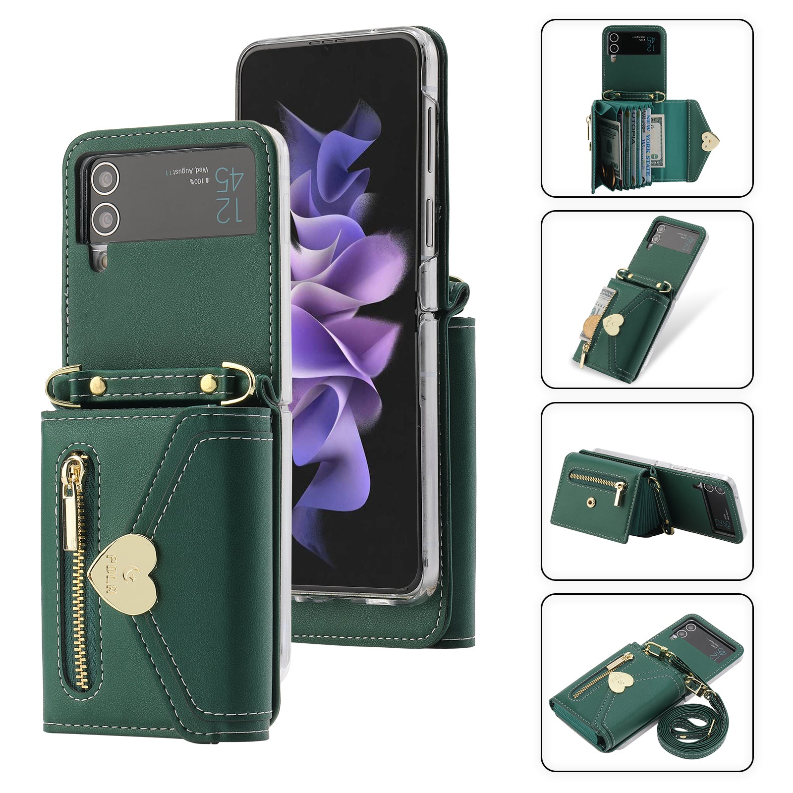 POLA For Samsung Galaxy Z Flip4 5G PU Leather Credit Holder Phone Case Wallet Kickstand Zipper Pocket Cover