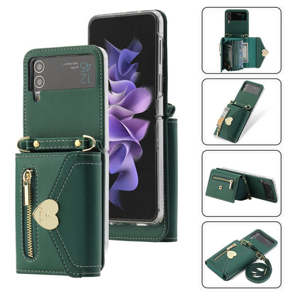 POLA For Samsung Galaxy Z Flip4 5G PU Leather Credit Holder Phone Case Wallet Kickstand Zipper Pocket Cover