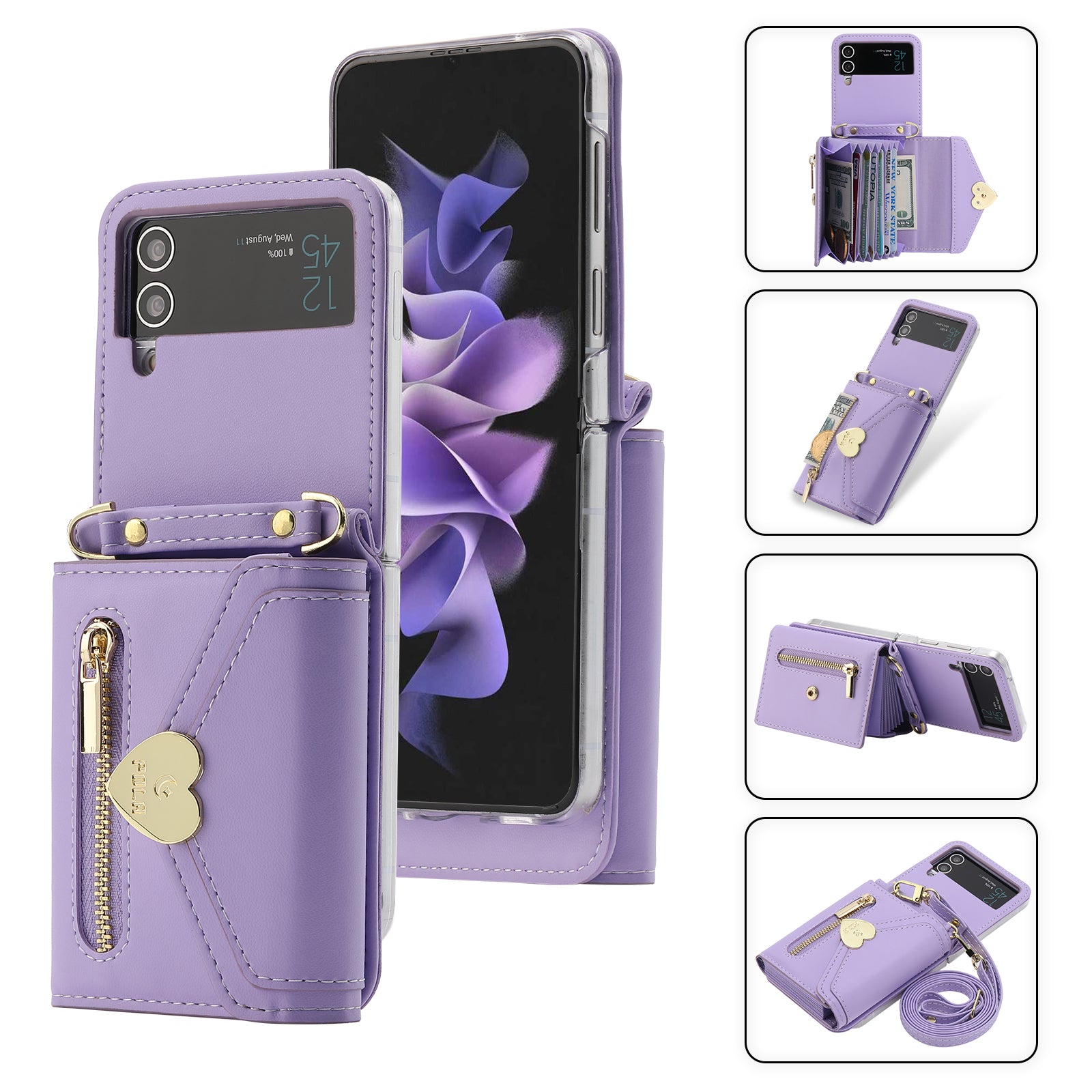 POLA For Samsung Galaxy Z Flip4 5G PU Leather Credit Holder Phone Case Wallet Kickstand Zipper Pocket Cover