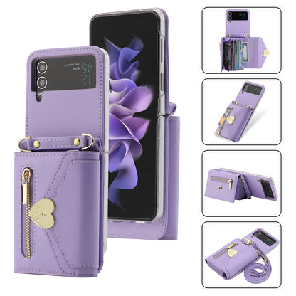 POLA For Samsung Galaxy Z Flip4 5G PU Leather Credit Holder Phone Case Wallet Kickstand Zipper Pocket Cover
