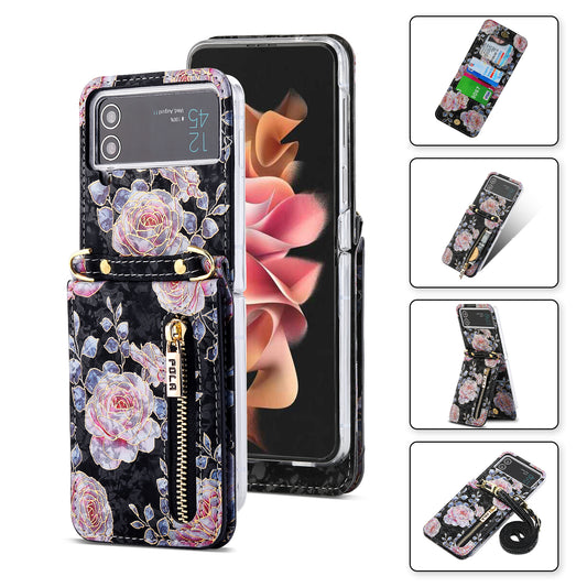 POLA For Samsung Galaxy Z Flip4 5G PU Leather Kickstand Phone Case Rose Pattern Printing Zipper Coin Pocket Cover with Card Holder