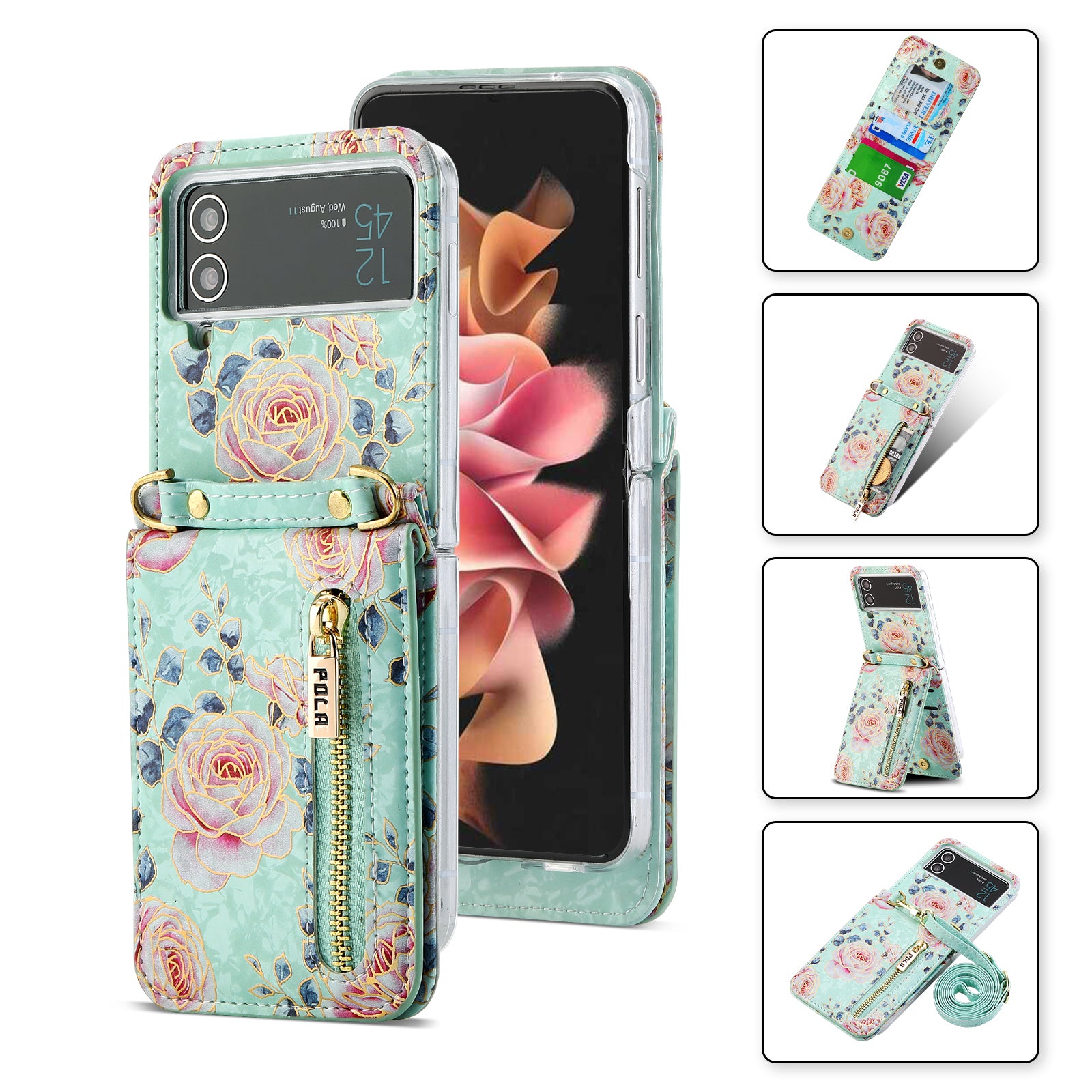 POLA For Samsung Galaxy Z Flip4 5G PU Leather Kickstand Phone Case Rose Pattern Printing Zipper Coin Pocket Cover with Card Holder