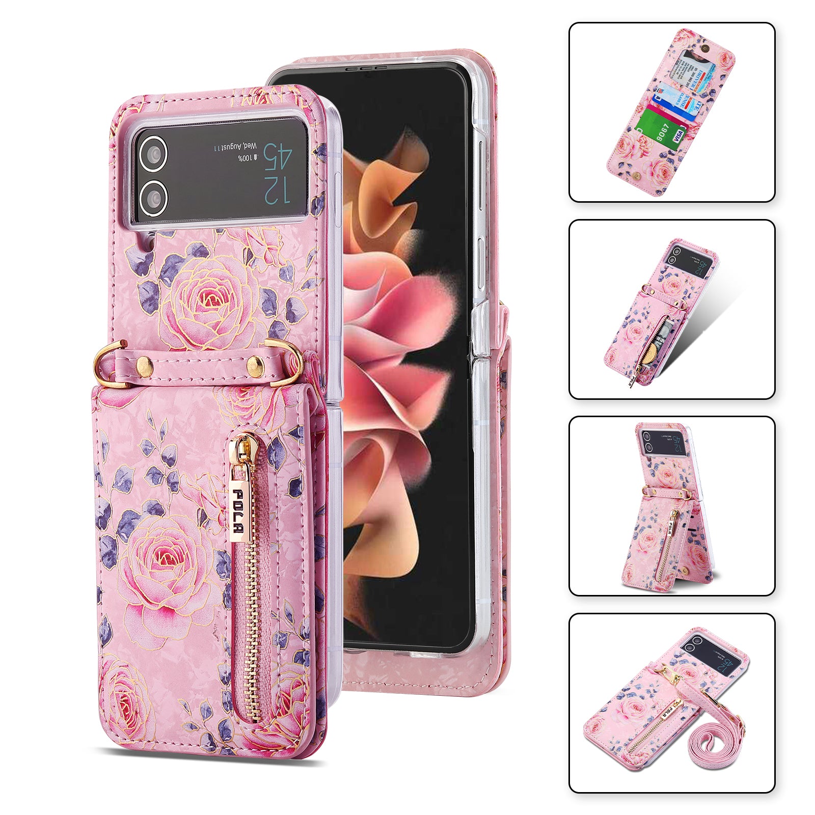 POLA For Samsung Galaxy Z Flip4 5G PU Leather Kickstand Phone Case Rose Pattern Printing Zipper Coin Pocket Cover with Card Holder