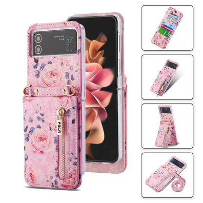 POLA For Samsung Galaxy Z Flip4 5G PU Leather Kickstand Phone Case Rose Pattern Printing Zipper Coin Pocket Cover with Card Holder