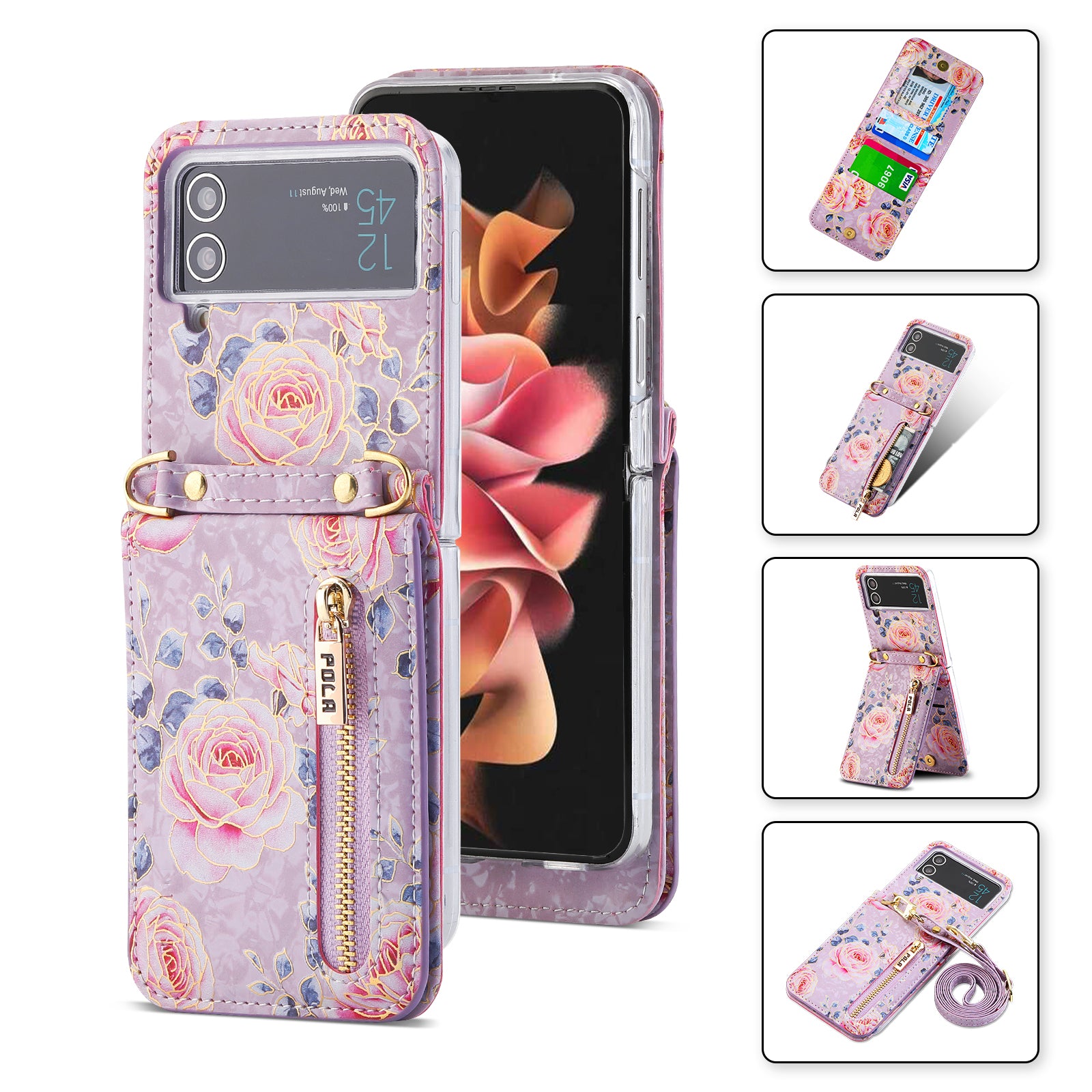 POLA For Samsung Galaxy Z Flip4 5G PU Leather Kickstand Phone Case Rose Pattern Printing Zipper Coin Pocket Cover with Card Holder