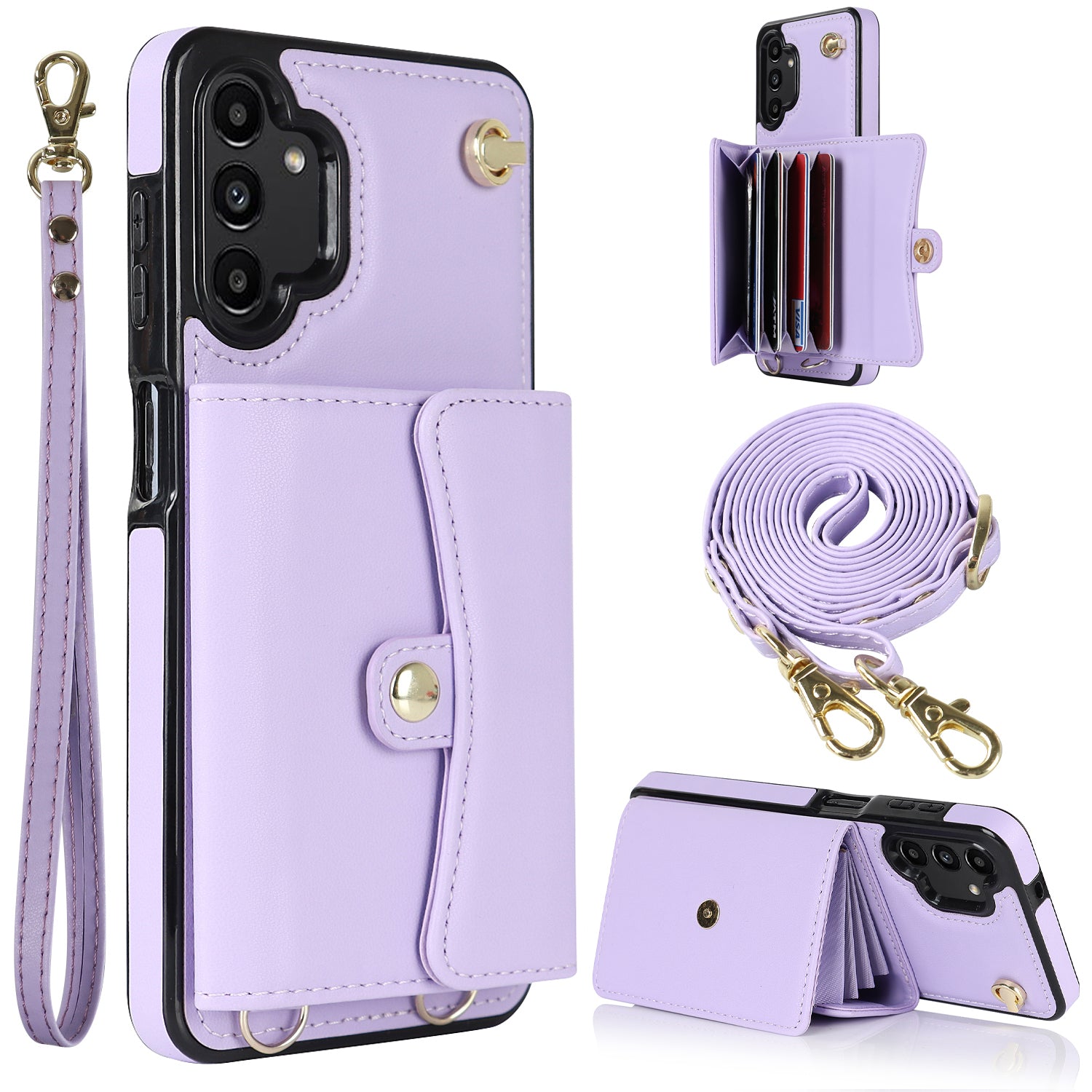 For Samsung Galaxy A13 4G / 5G Card Slots Phone Case Kickstand RFID Blocking Accordion Style Phone Cover with Short Strap and Long Strap