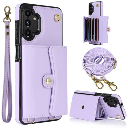 For Samsung Galaxy A13 4G / 5G Card Slots Phone Case Kickstand RFID Blocking Accordion Style Phone Cover with Short Strap and Long Strap