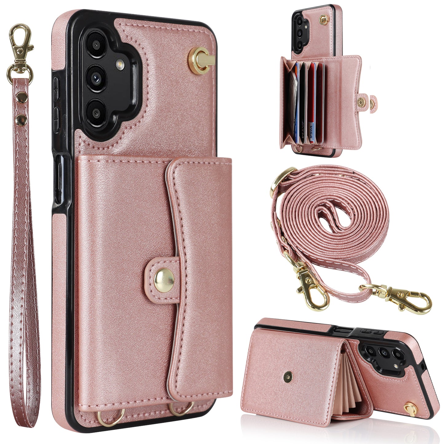 For Samsung Galaxy A13 4G / 5G Card Slots Phone Case Kickstand RFID Blocking Accordion Style Phone Cover with Short Strap and Long Strap