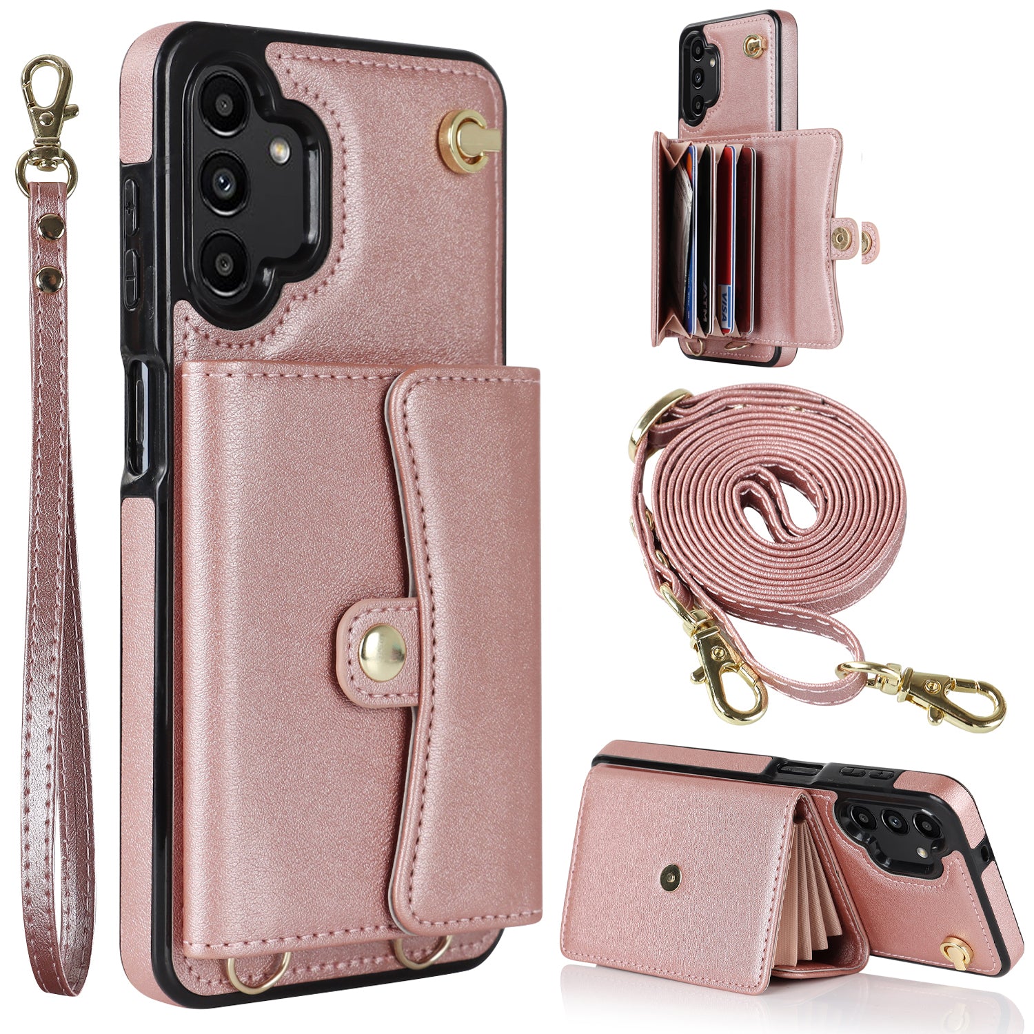 For Samsung Galaxy A13 4G / 5G Card Slots Phone Case Kickstand RFID Blocking Accordion Style Phone Cover with Short Strap and Long Strap