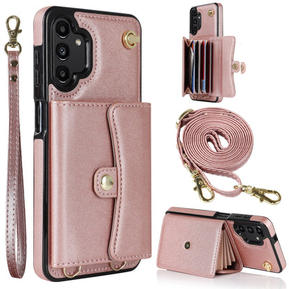 For Samsung Galaxy A13 4G / 5G Card Slots Phone Case Kickstand RFID Blocking Accordion Style Phone Cover with Short Strap and Long Strap