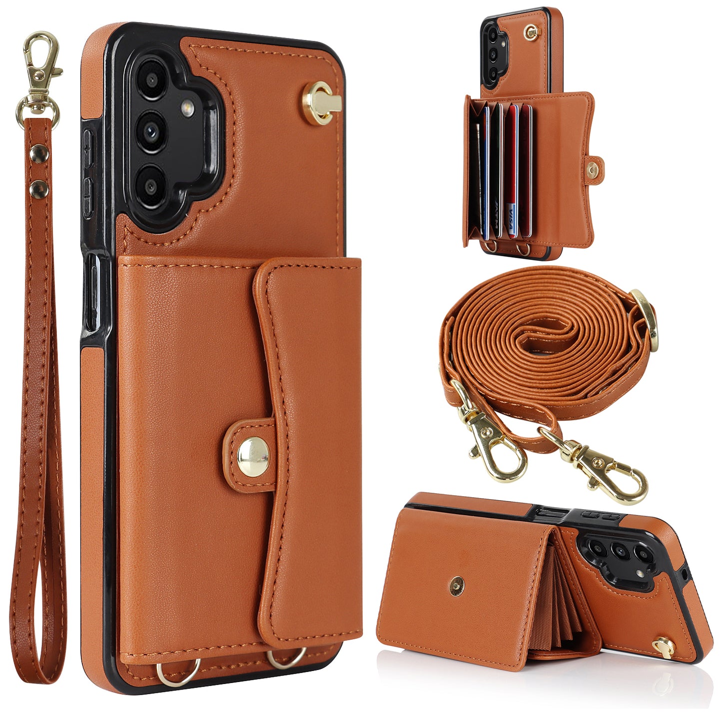 For Samsung Galaxy A13 4G / 5G Card Slots Phone Case Kickstand RFID Blocking Accordion Style Phone Cover with Short Strap and Long Strap