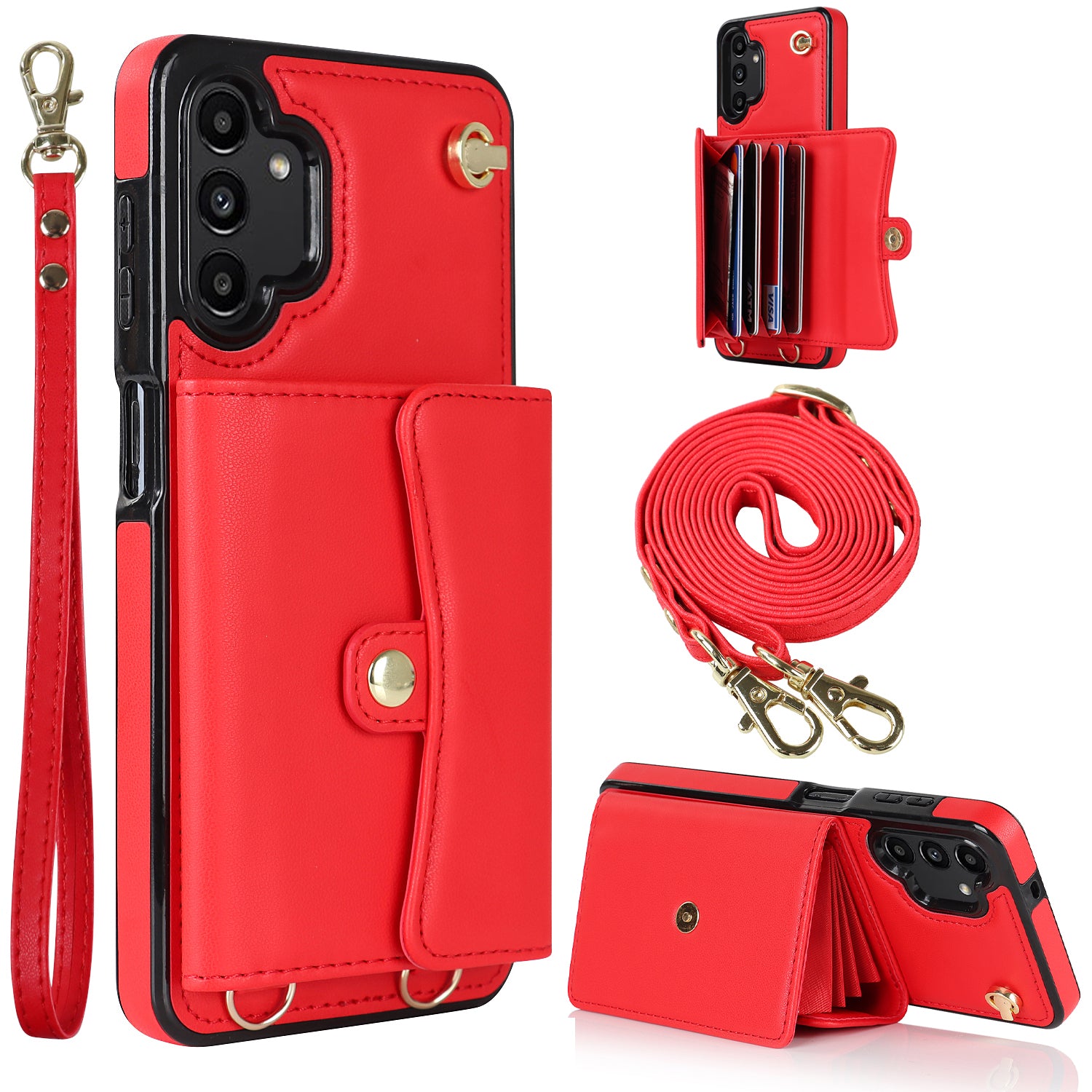For Samsung Galaxy A13 4G / 5G Card Slots Phone Case Kickstand RFID Blocking Accordion Style Phone Cover with Short Strap and Long Strap