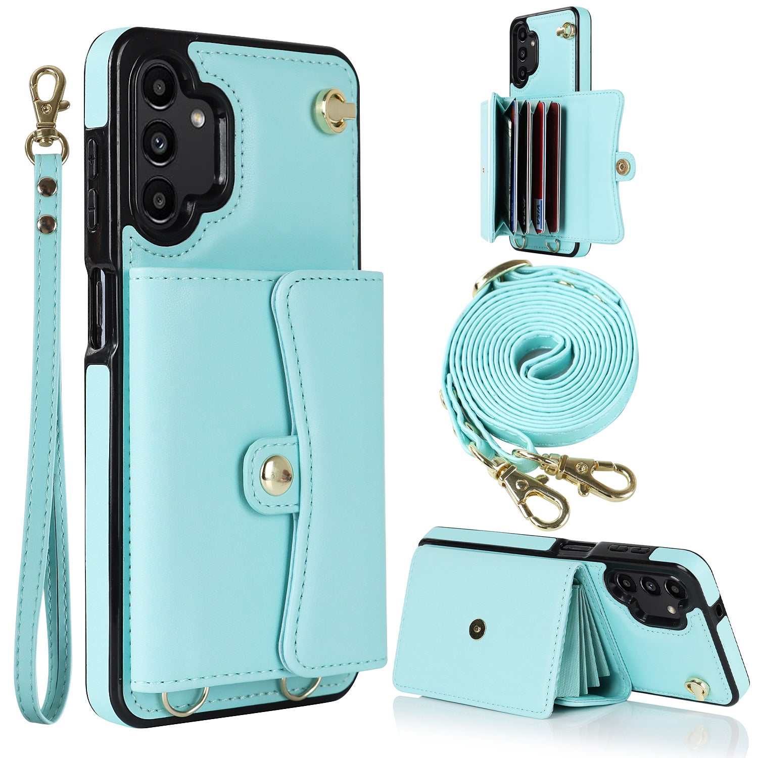 For Samsung Galaxy A13 4G / 5G Card Slots Phone Case Kickstand RFID Blocking Accordion Style Phone Cover with Short Strap and Long Strap