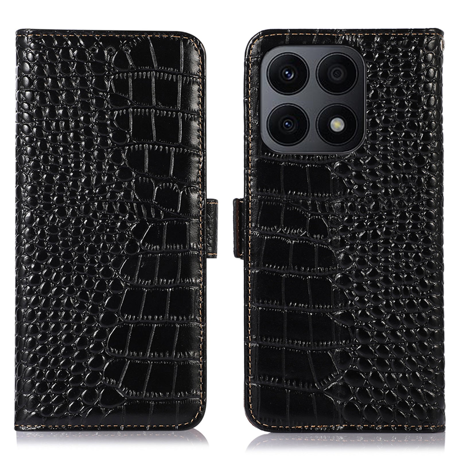 RFID Blocking Phone Case for Honor X8a 4G Genuine Cowhide Leather Wallet Stand Phone Cover