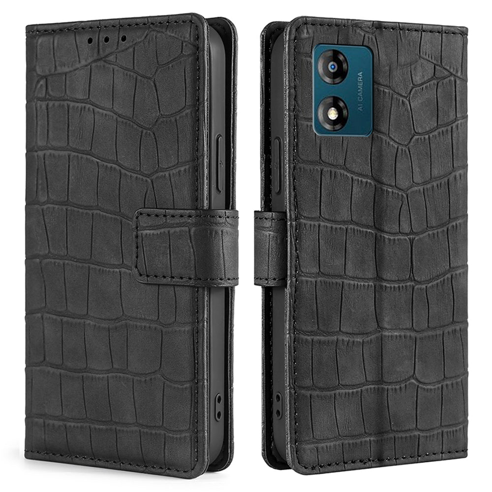 For Motorola Moto E13 4G Skin-friendly Phone Case Crocodile Texture PU Leather Wallet Stand Anti-fall Cover