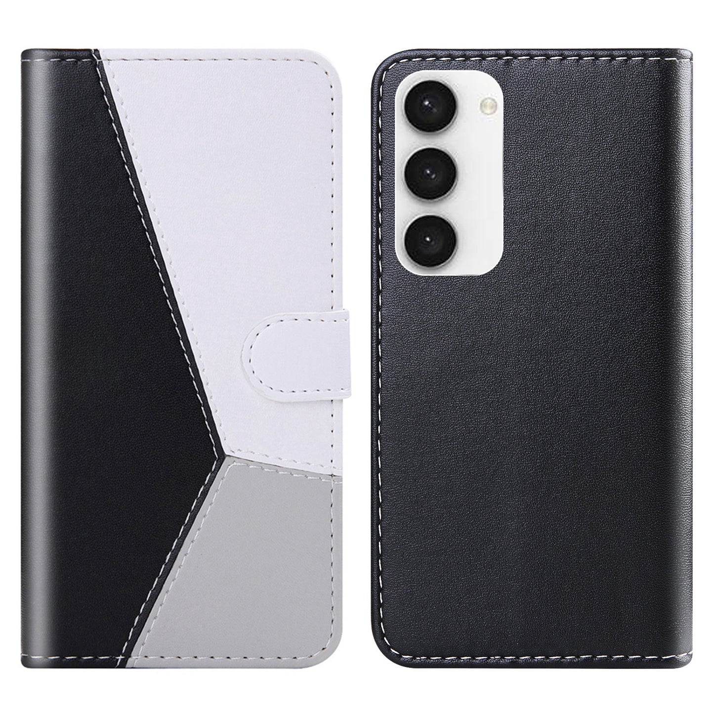 Shockproof Phone Case for Samsung Galaxy S23 , Tri-color Splicing Flip Leather Phone Wallet Cover Stand