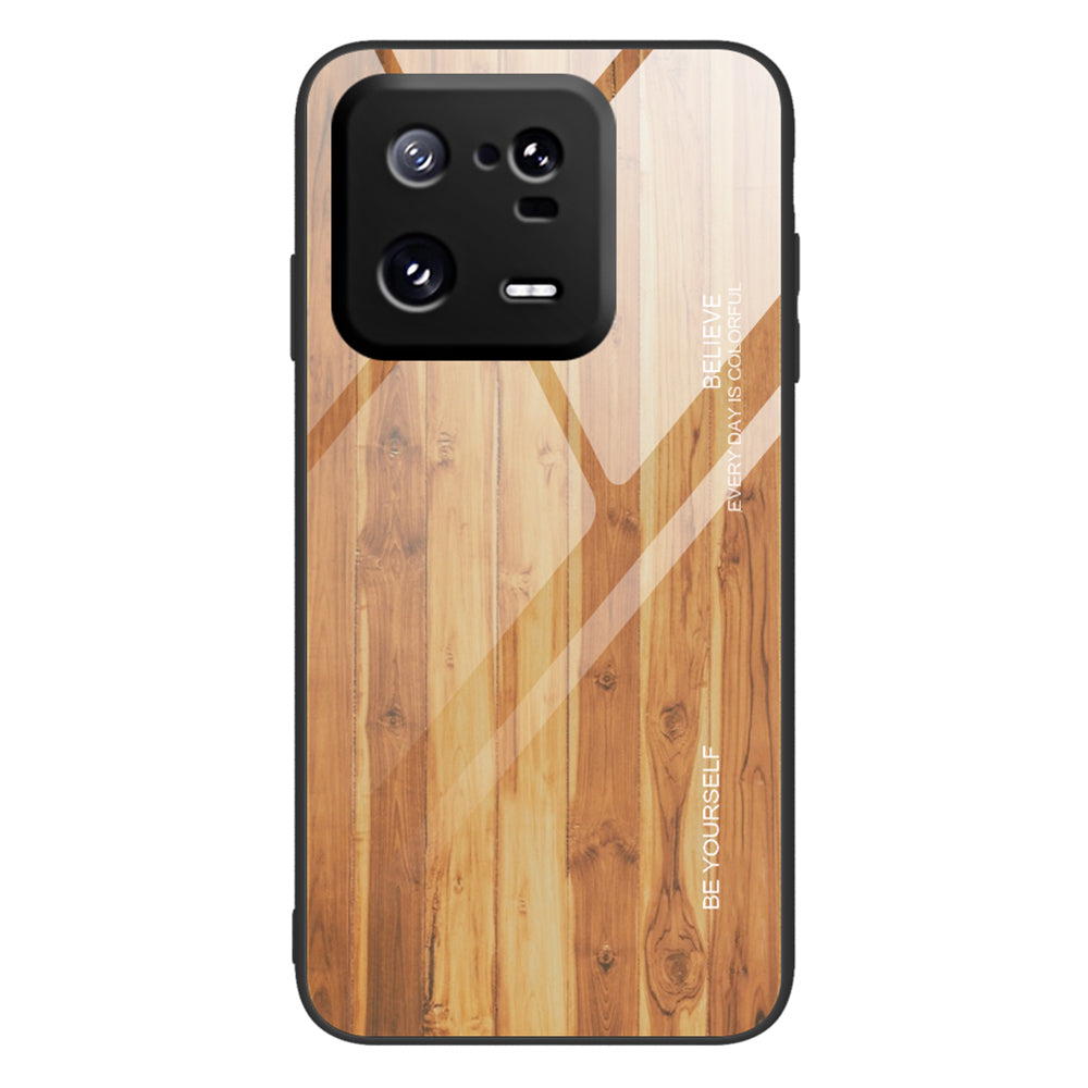 For Xiaomi 13 Pro 5G Wooden Pattern Phone Case Tempered Glass + TPU Shockproof Phone Cover