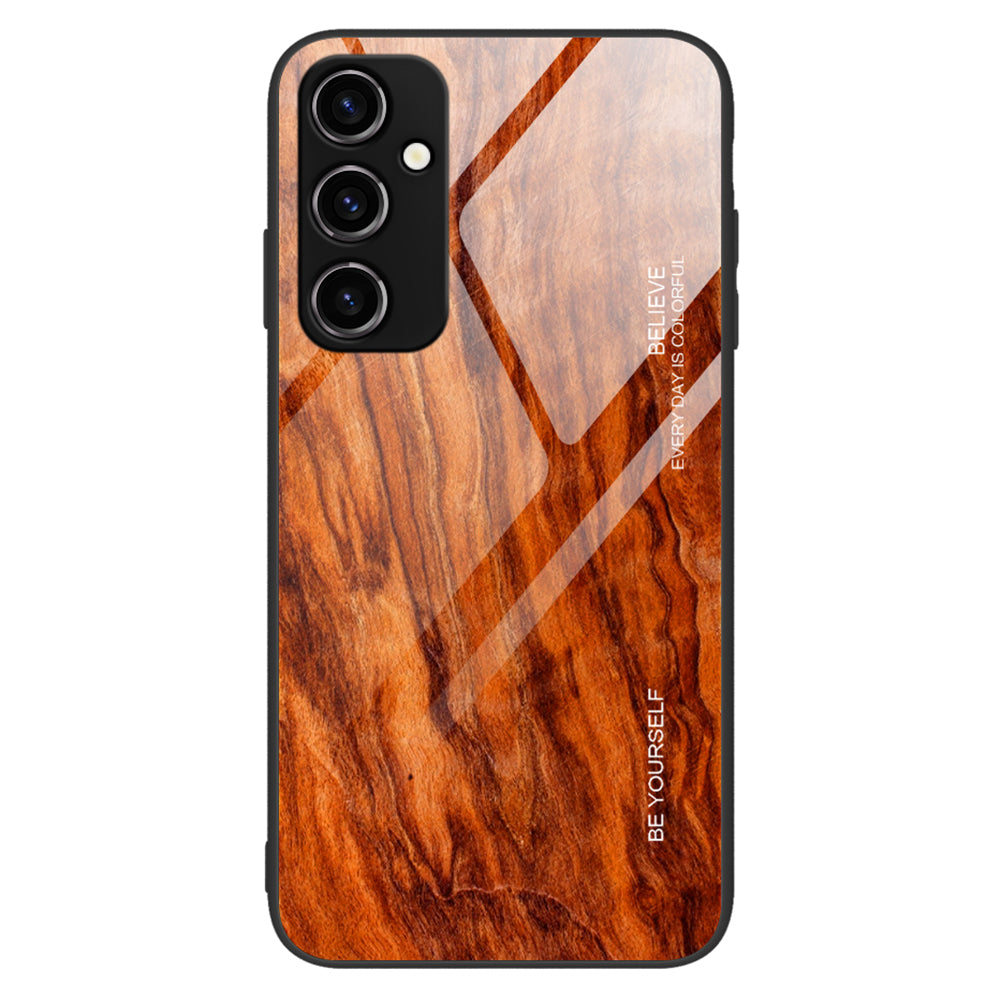 For Samsung Galaxy A34 5G Wooden Pattern Anti-scratch Tempered Glass Phone Case TPU Frame Protective Cover