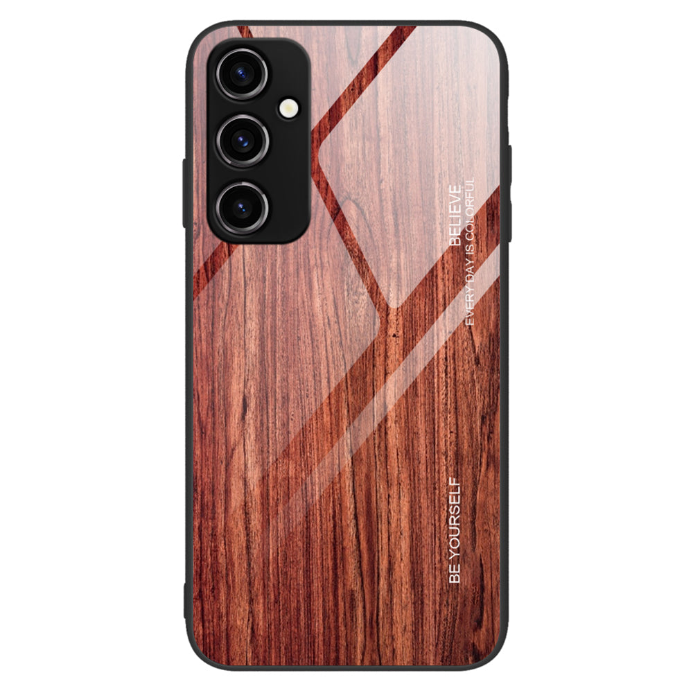 For Samsung Galaxy A34 5G Wooden Pattern Anti-scratch Tempered Glass Phone Case TPU Frame Protective Cover
