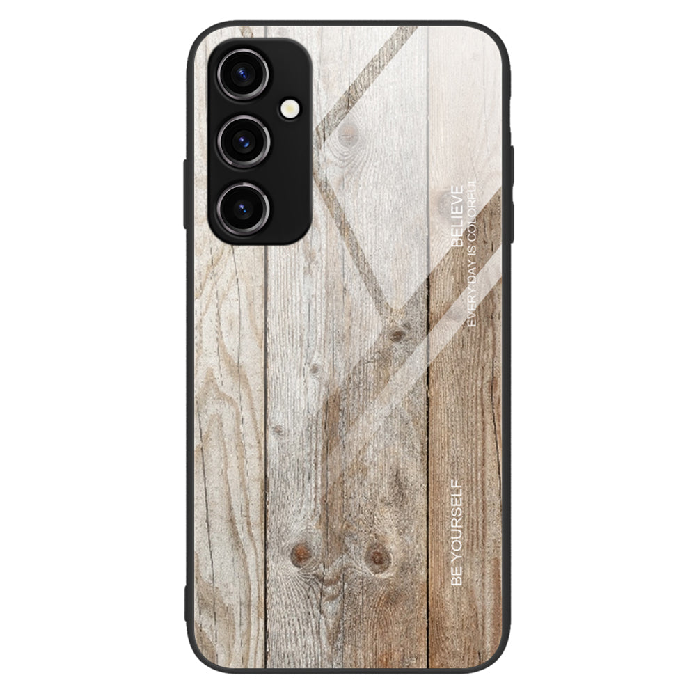 For Samsung Galaxy A34 5G Wooden Pattern Anti-scratch Tempered Glass Phone Case TPU Frame Protective Cover