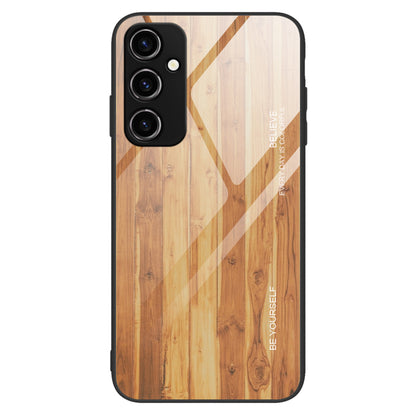 For Samsung Galaxy A34 5G Wooden Pattern Anti-scratch Tempered Glass Phone Case TPU Frame Protective Cover