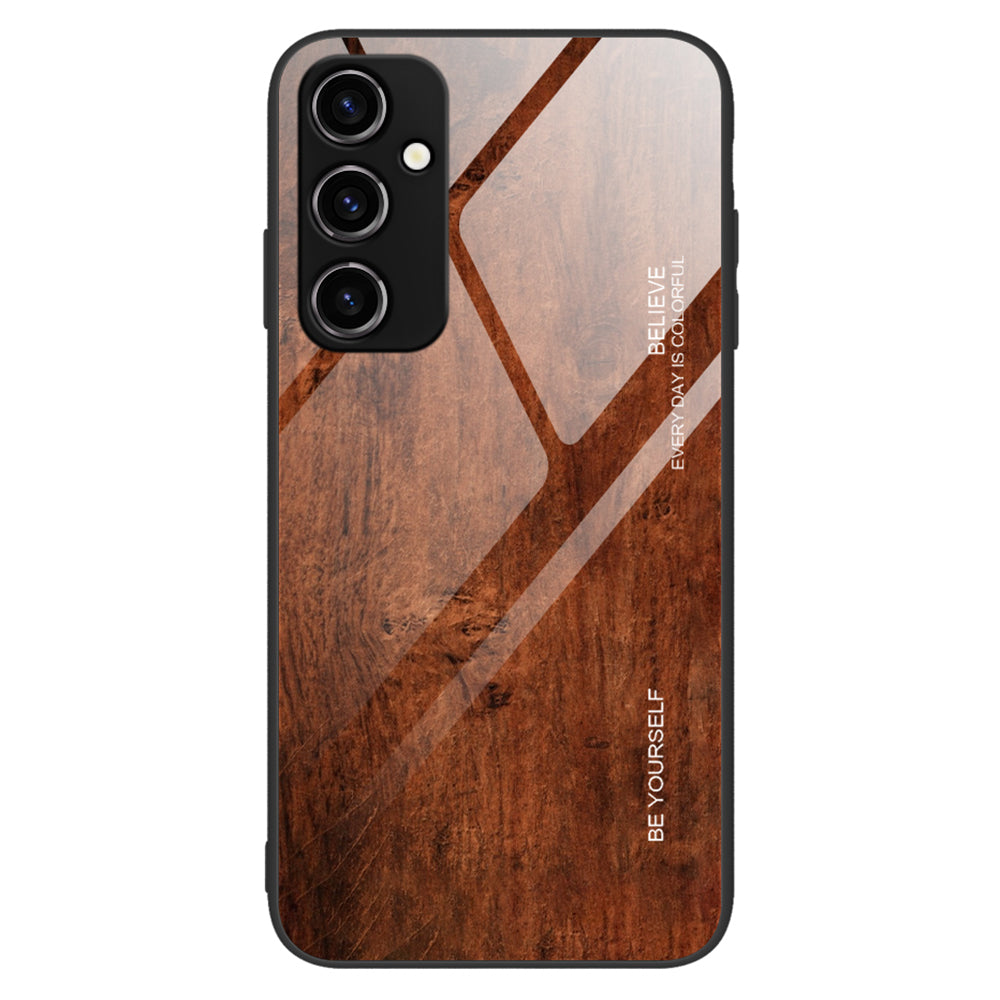 For Samsung Galaxy A34 5G Wooden Pattern Anti-scratch Tempered Glass Phone Case TPU Frame Protective Cover
