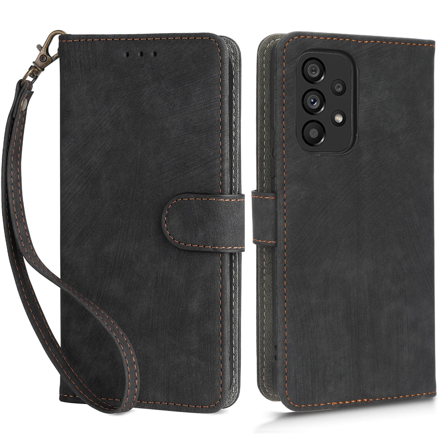 For Samsung Galaxy A73 5G RFID Blocking Leather Anti-drop Phone Case Flip Stand Wallet Cover with Hand Strap