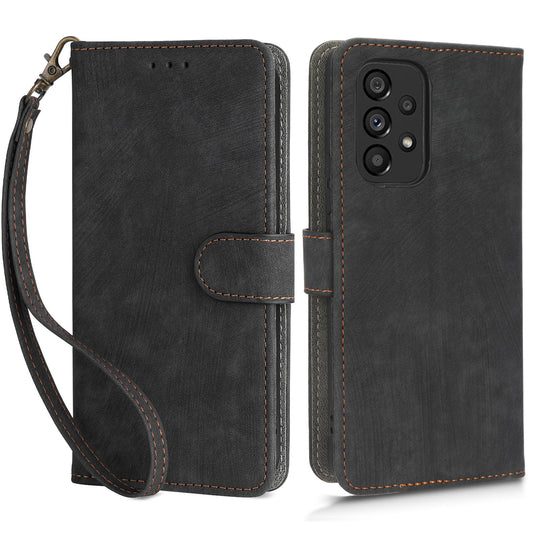 For Samsung Galaxy A73 5G RFID Blocking Leather Anti-drop Phone Case Flip Stand Wallet Cover with Hand Strap