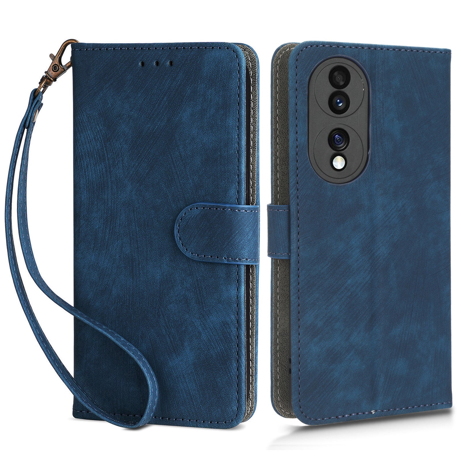 For Honor 70 5G RFID Blocking PU Leather Wallet Phone Case Folding Stand Cover with Hand Strap