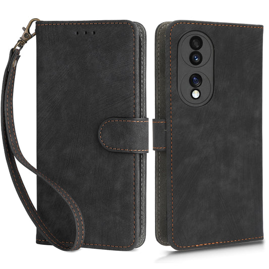 For Honor 70 5G RFID Blocking PU Leather Wallet Phone Case Folding Stand Cover with Hand Strap