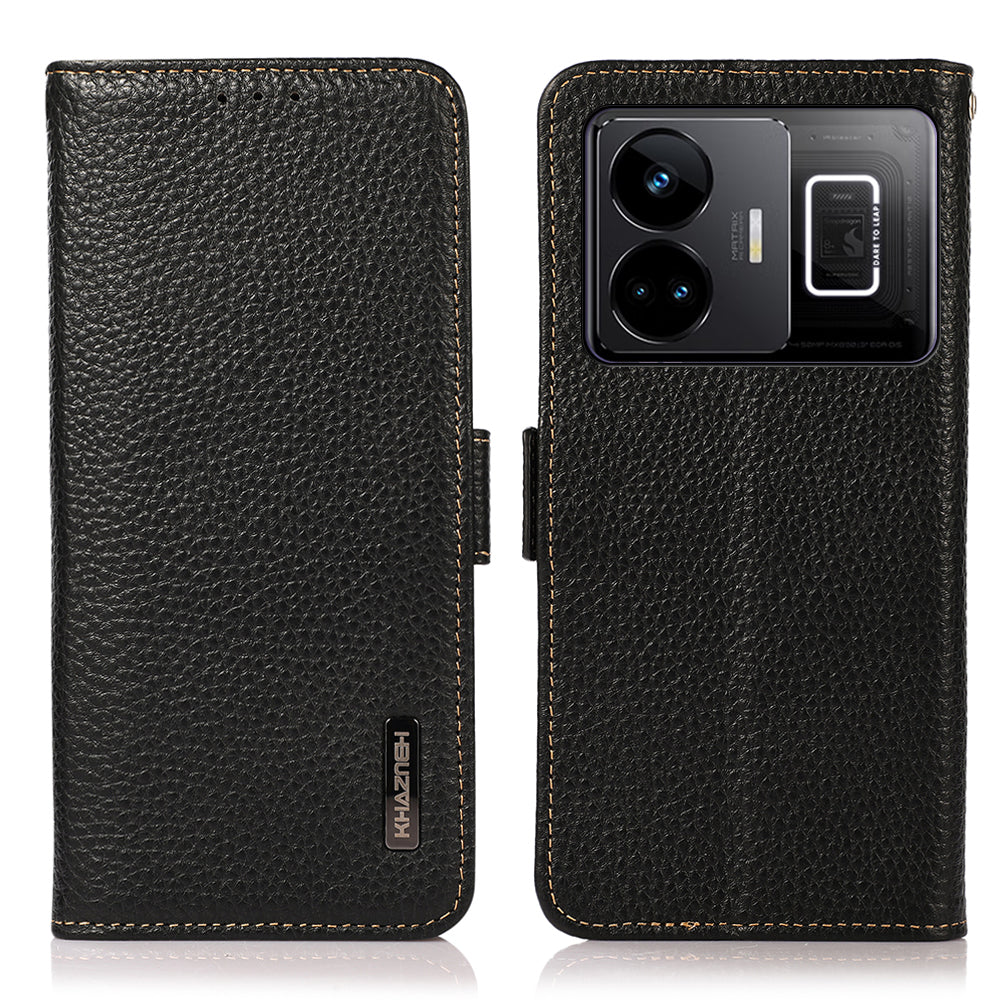 KHAZNEH For Realme GT Neo 5 5G Genuine Cow Leather Phone Cover Stand RFID Blocking Phone Wallet Case