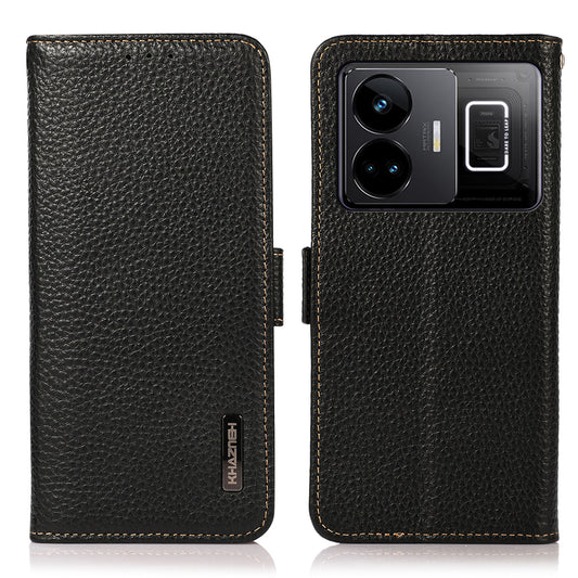 KHAZNEH For Realme GT Neo 5 5G Genuine Cow Leather Phone Cover Stand RFID Blocking Phone Wallet Case