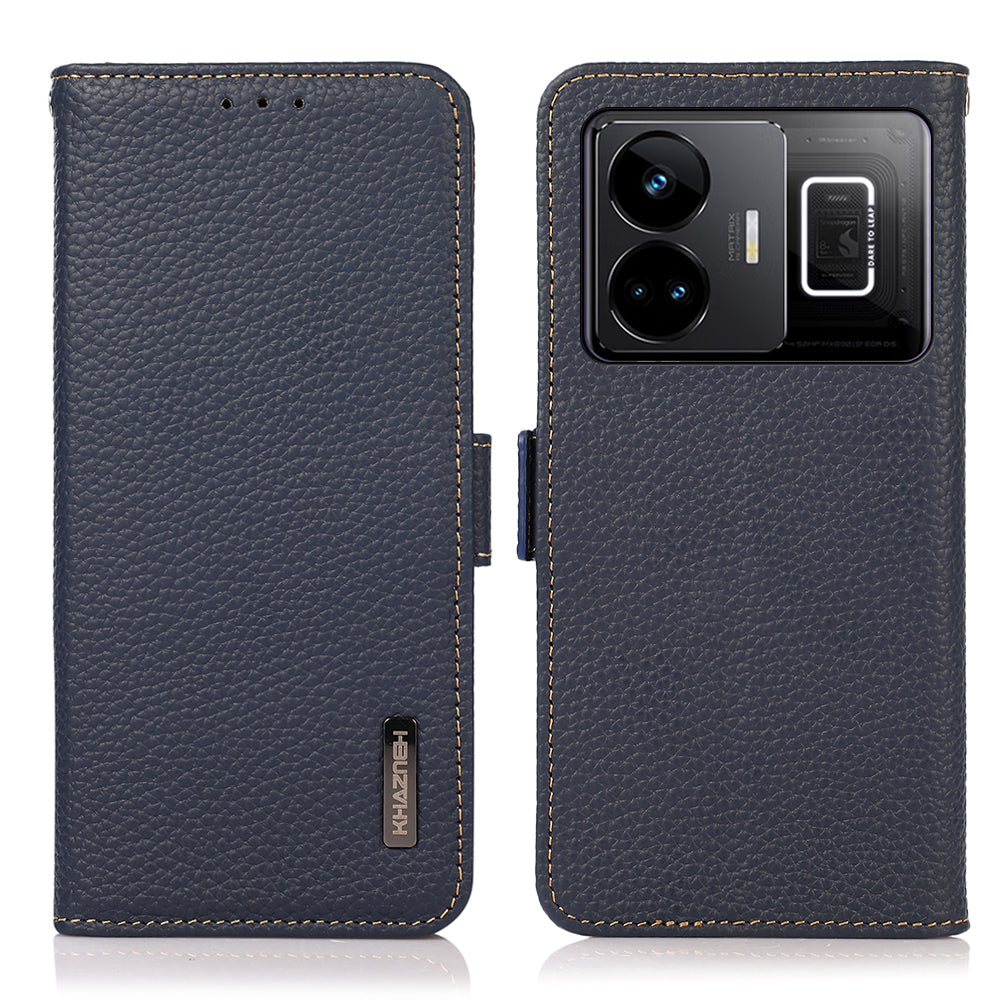 KHAZNEH For Realme GT Neo 5 5G Genuine Cow Leather Phone Cover Stand RFID Blocking Phone Wallet Case