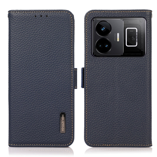 KHAZNEH For Realme GT Neo 5 5G Genuine Cow Leather Phone Cover Stand RFID Blocking Phone Wallet Case