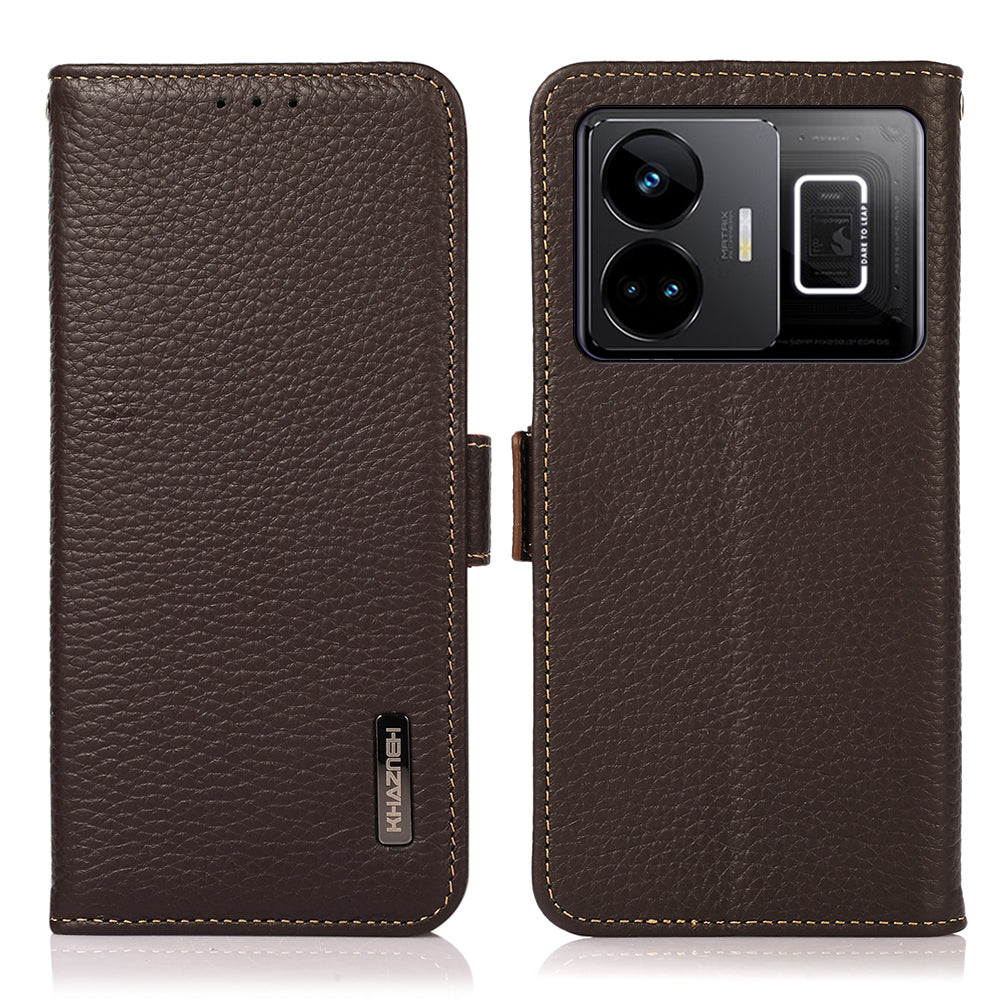 KHAZNEH For Realme GT Neo 5 5G Genuine Cow Leather Phone Cover Stand RFID Blocking Phone Wallet Case