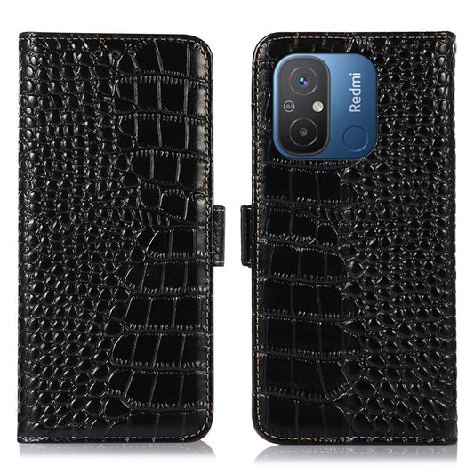 RFID Blocking Case for Xiaomi Redmi 12C 4G / 11A 4G Genuine Cowhide Leather Stand Wallet Cell Phone Cover