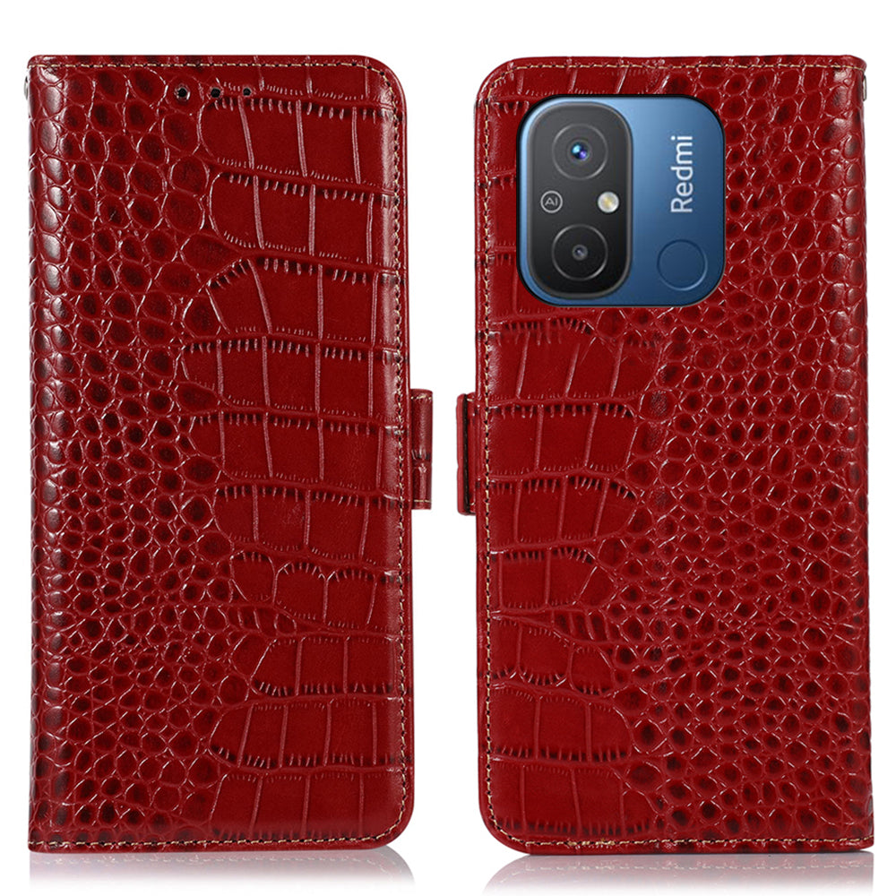 RFID Blocking Case for Xiaomi Redmi 12C 4G / 11A 4G Genuine Cowhide Leather Stand Wallet Cell Phone Cover