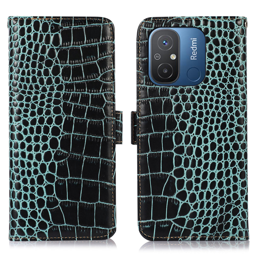 RFID Blocking Case for Xiaomi Redmi 12C 4G / 11A 4G Genuine Cowhide Leather Stand Wallet Cell Phone Cover
