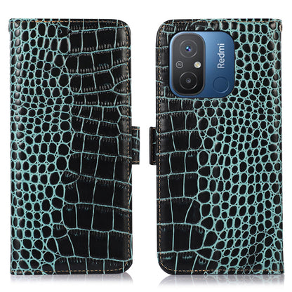 RFID Blocking Case for Xiaomi Redmi 12C 4G / 11A 4G Genuine Cowhide Leather Stand Wallet Cell Phone Cover