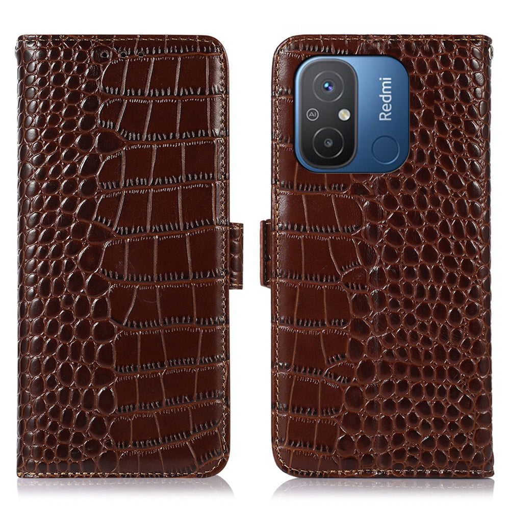 RFID Blocking Case for Xiaomi Redmi 12C 4G / 11A 4G Genuine Cowhide Leather Stand Wallet Cell Phone Cover