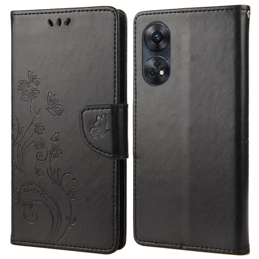 For Oppo Reno8 T 4G PU Leather Phone Case Flower Butterfly Imprinted Phone Cover Wallet Stand