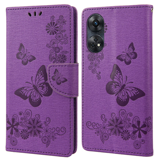 For Oppo Reno8 T 4G Leather Stand Phone Cover Butterflies Flower Imprinting Phone Wallet Case