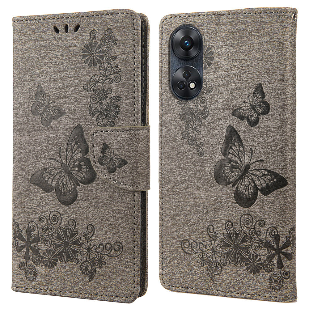For Oppo Reno8 T 4G Leather Stand Phone Cover Butterflies Flower Imprinting Phone Wallet Case