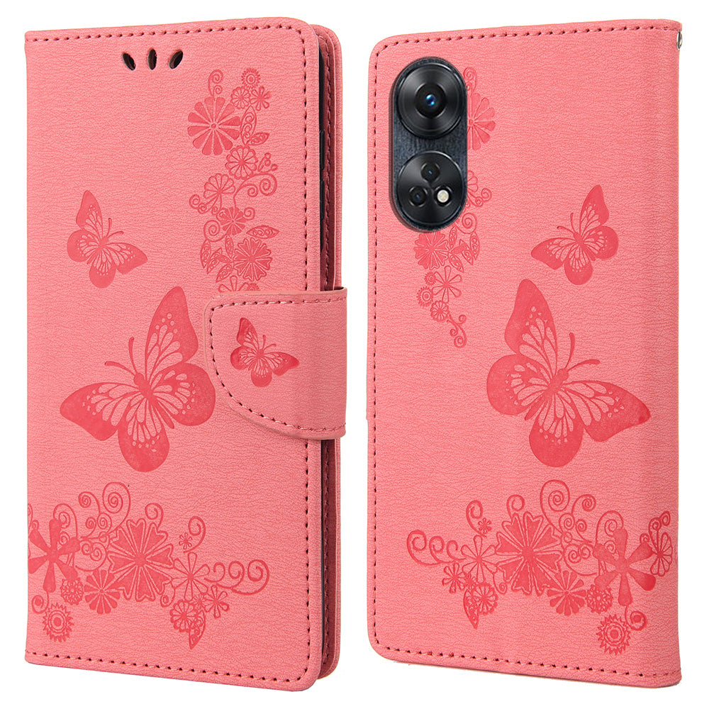 For Oppo Reno8 T 4G Leather Stand Phone Cover Butterflies Flower Imprinting Phone Wallet Case