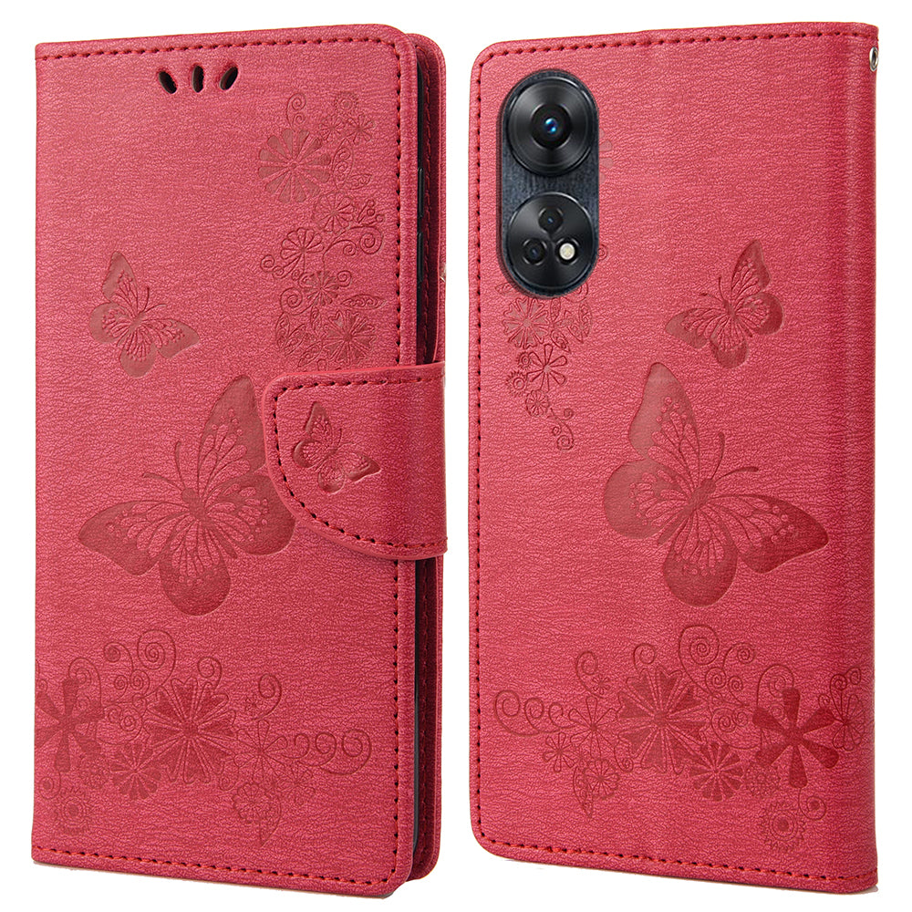 For Oppo Reno8 T 4G Leather Stand Phone Cover Butterflies Flower Imprinting Phone Wallet Case